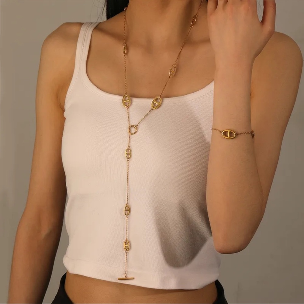 Multilayer Gold Plated Pig nose Necklace Bracelet Set Stainless Steel - Picture 4 of 15